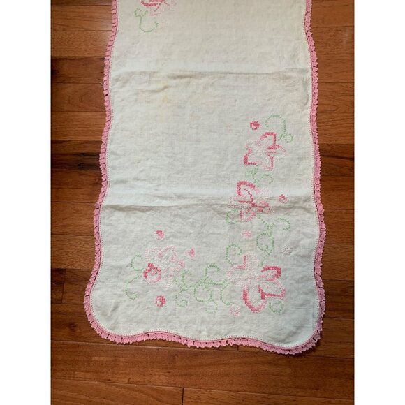 Vintage Hand-Cross Stitched Floral Table Runner with Pink Crochet Trim 36"x15" - Picture 2 of 8